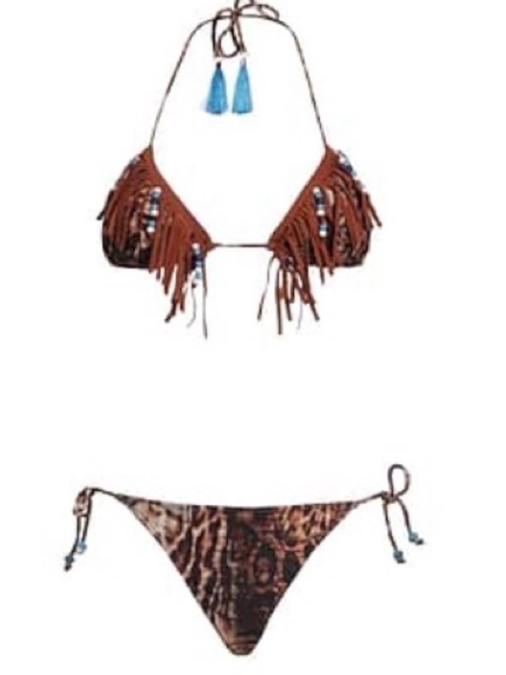 Fringed Tie-Dye Brown Bikini Top with Bead Accents